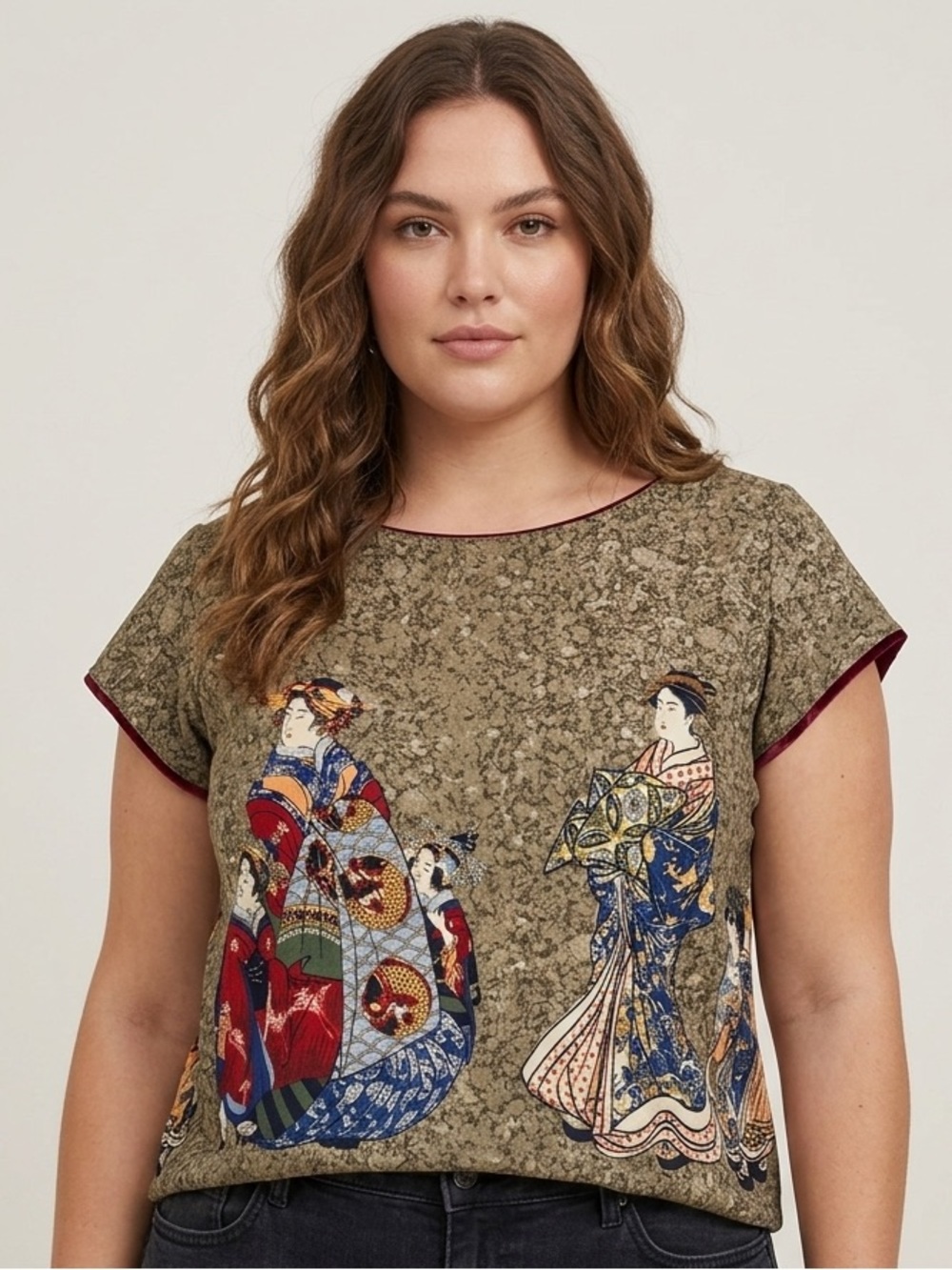 BREEZE By Dorothy Schoelen Geisha Graphic Print Crop Top L 21.5” p2p Taupe EUC
